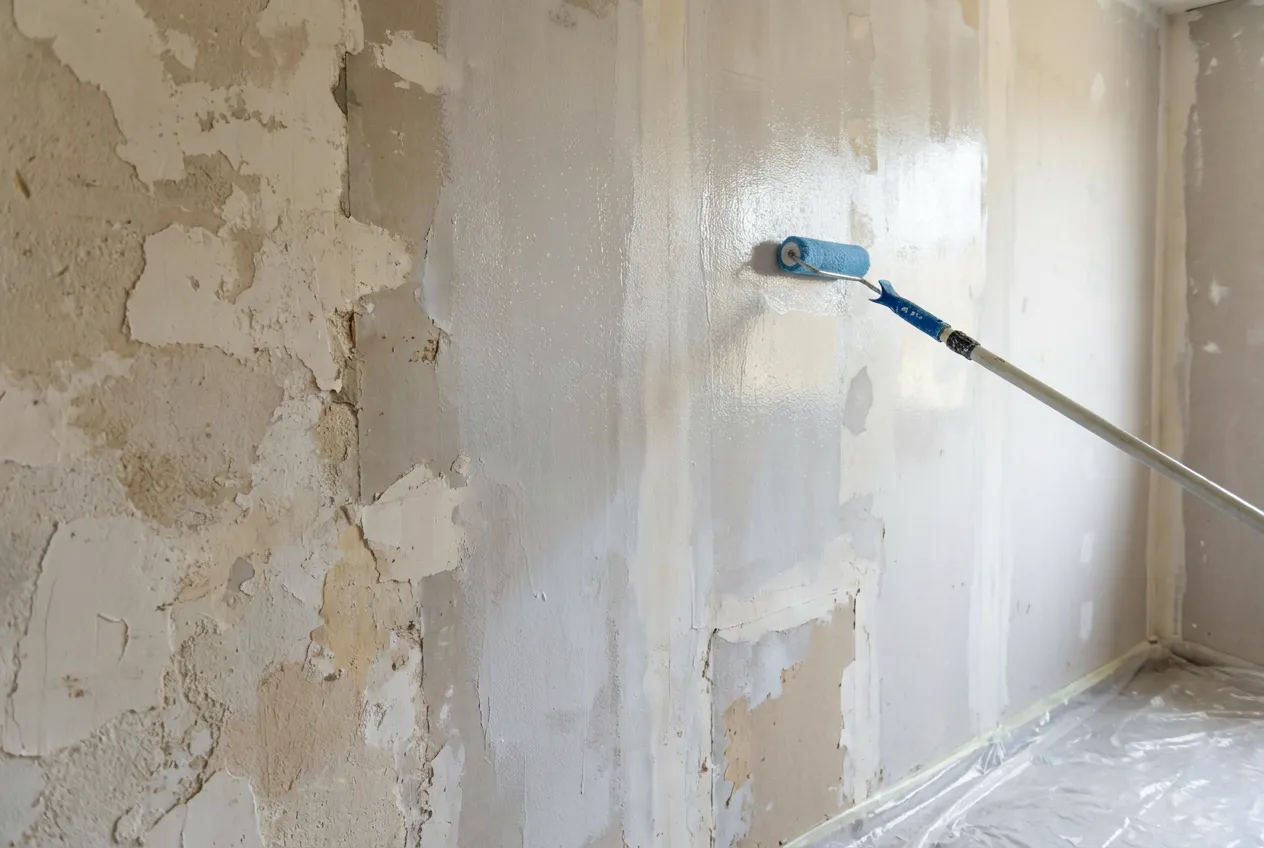 Application d'un primaire d'accrochage sur un mur inégal